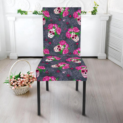 Sugar Skull Pink Rose Themed Print Dining Chair Slipcover-JTAMIGO.COM