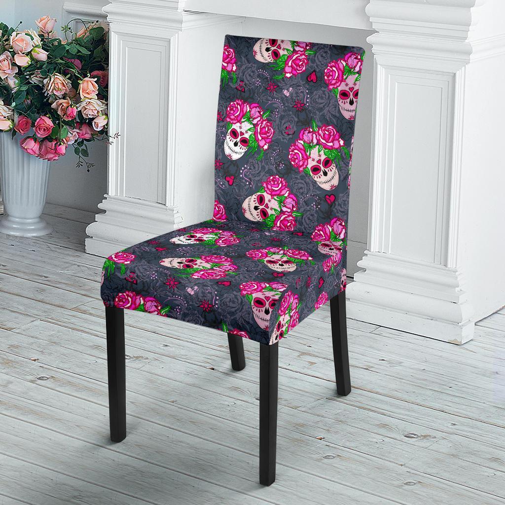 Sugar Skull Pink Rose Themed Print Dining Chair Slipcover-JTAMIGO.COM