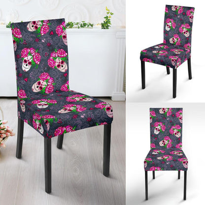 Sugar Skull Pink Rose Themed Print Dining Chair Slipcover-JTAMIGO.COM