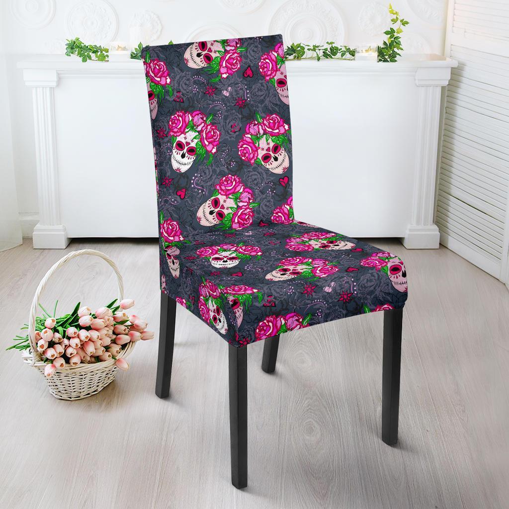 Sugar Skull Pink Rose Themed Print Dining Chair Slipcover-JTAMIGO.COM