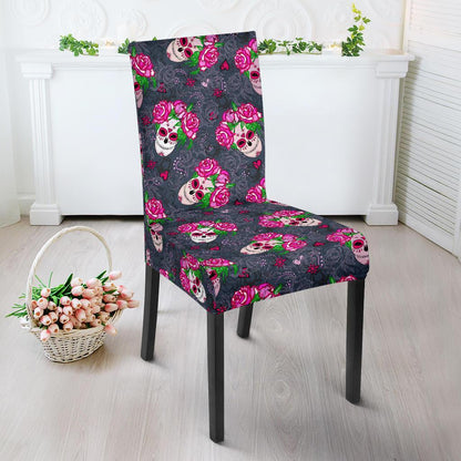 Sugar Skull Pink Rose Themed Print Dining Chair Slipcover-JTAMIGO.COM