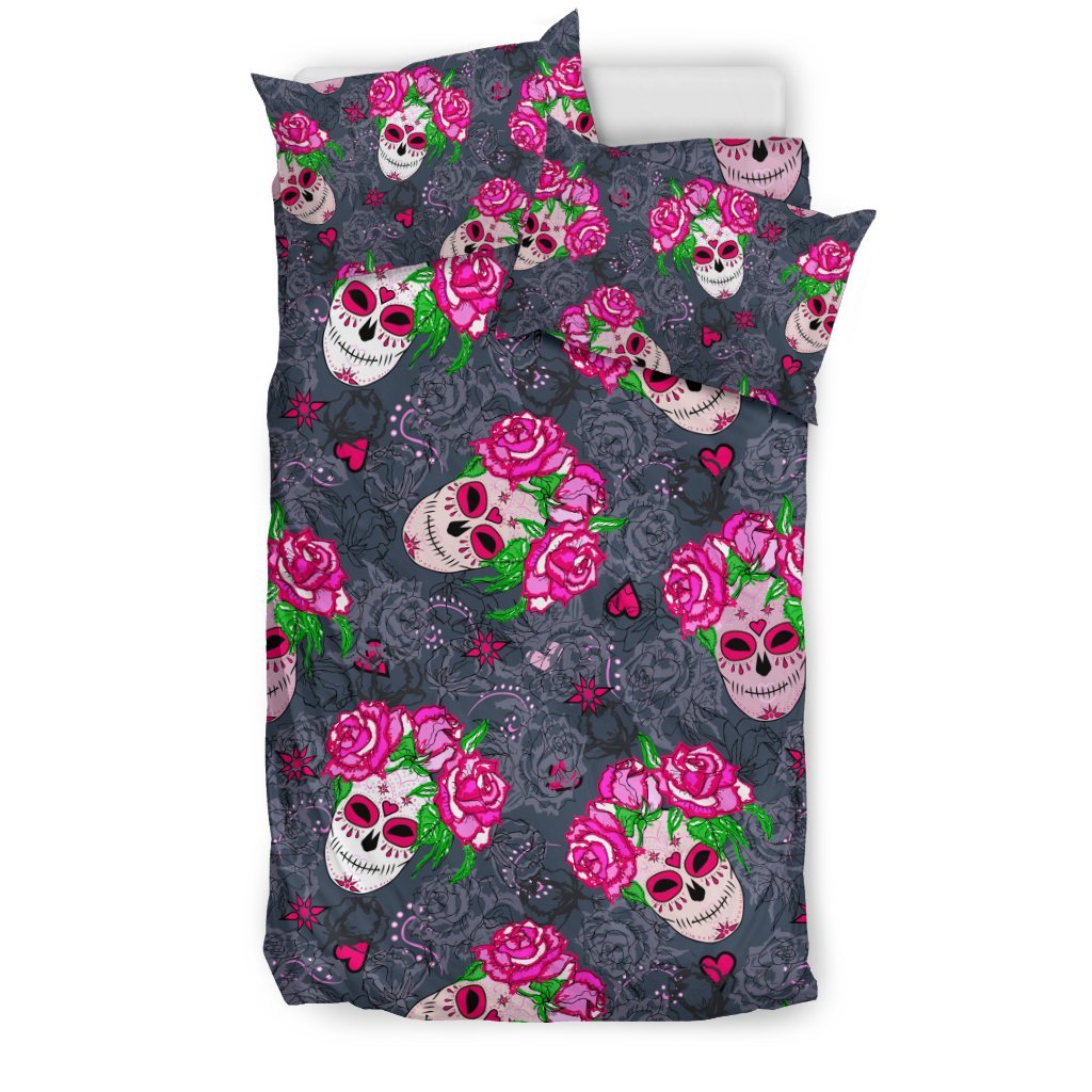 Sugar Skull Pink Rose Themed Print Duvet Cover Bedding Set