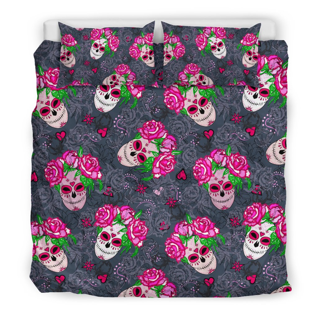 Sugar Skull Pink Rose Themed Print Duvet Cover Bedding Set