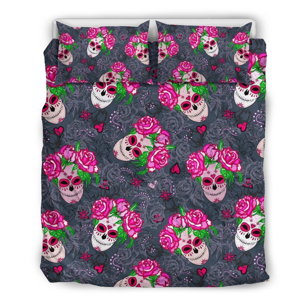 Sugar Skull Pink Rose Themed Print Duvet Cover Bedding Set