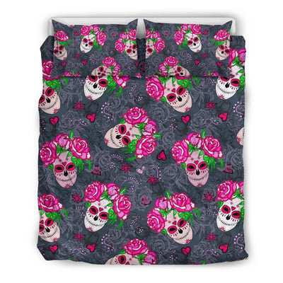 Sugar Skull Pink Rose Themed Print Duvet Cover Bedding Set
