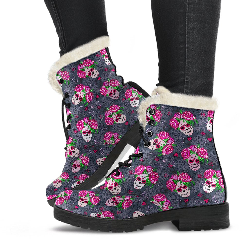 Sugar Skull Pink Rose Themed Print Faux Fur Leather Boots-JTAMIGO.COM
