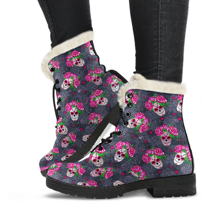 Sugar Skull Pink Rose Themed Print Faux Fur Leather Boots-JTAMIGO.COM