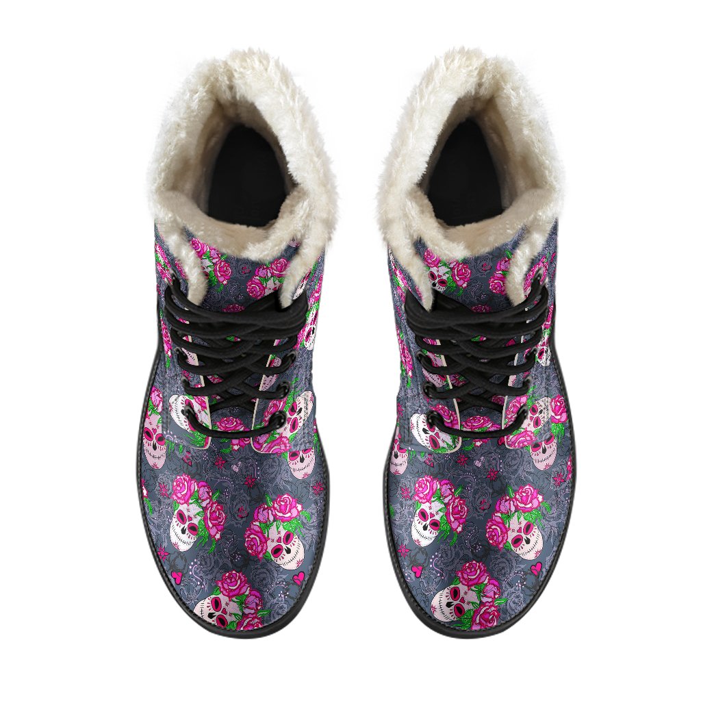 Sugar Skull Pink Rose Themed Print Faux Fur Leather Boots-JTAMIGO.COM