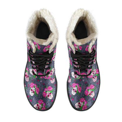 Sugar Skull Pink Rose Themed Print Faux Fur Leather Boots-JTAMIGO.COM