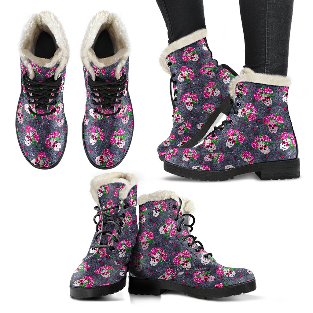 Sugar Skull Pink Rose Themed Print Faux Fur Leather Boots-JTAMIGO.COM