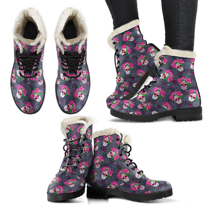 Sugar Skull Pink Rose Themed Print Faux Fur Leather Boots-JTAMIGO.COM