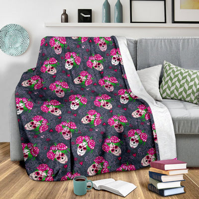 Sugar Skull Pink Rose Themed Print Fleece Blanket