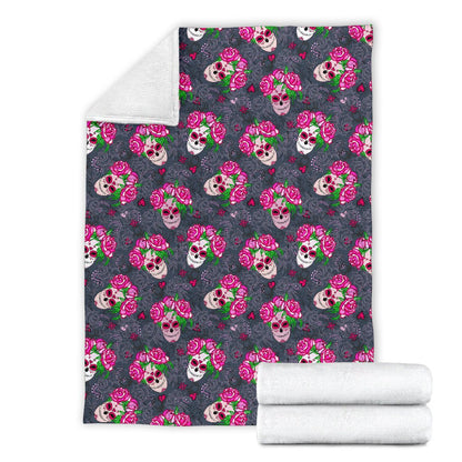 Sugar Skull Pink Rose Themed Print Fleece Blanket