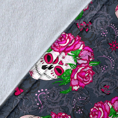 Sugar Skull Pink Rose Themed Print Fleece Blanket