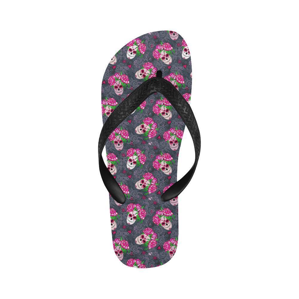 Sugar Skull Pink Rose Themed Print Flip Flops-JTAMIGO.COM