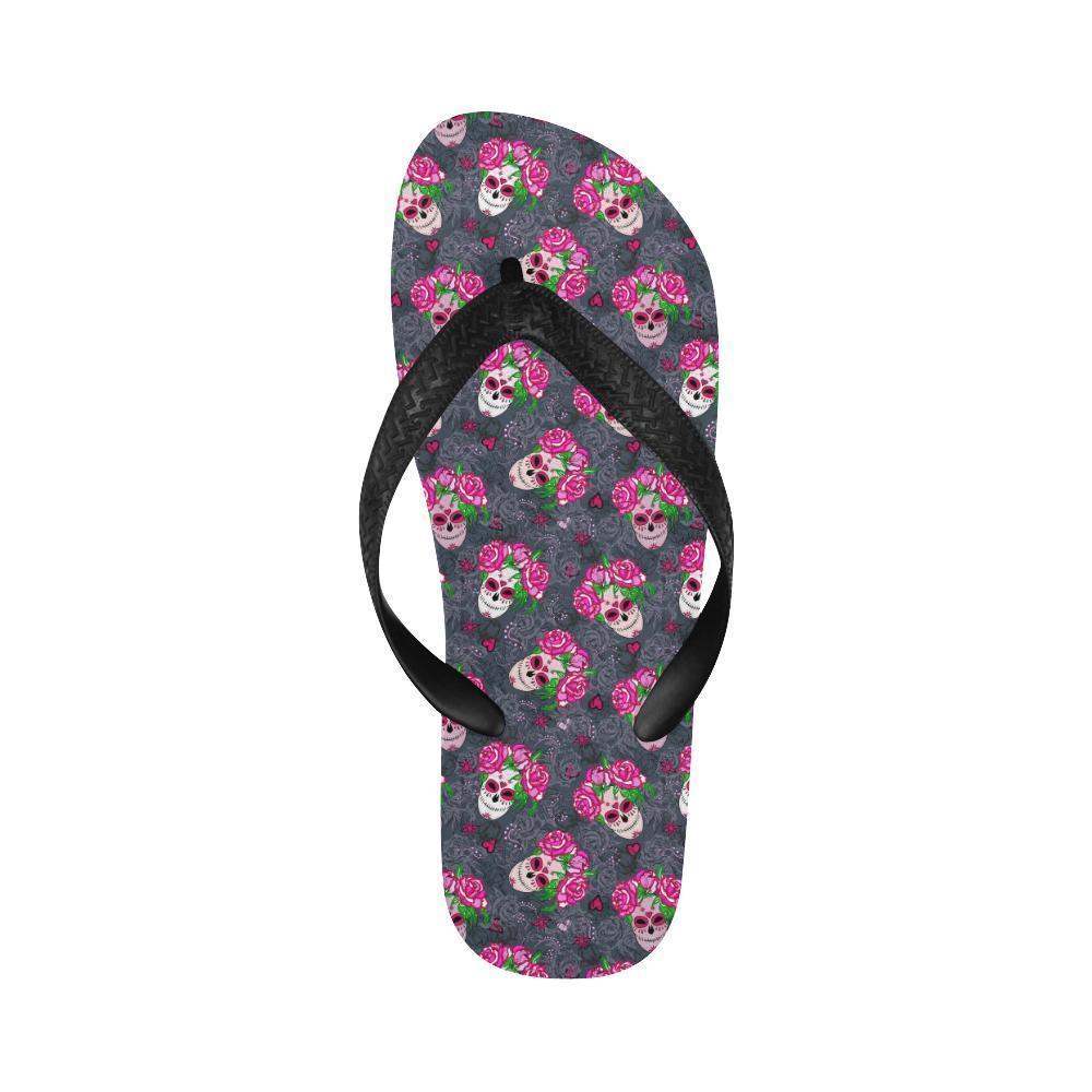 Sugar Skull Pink Rose Themed Print Flip Flops-JTAMIGO.COM