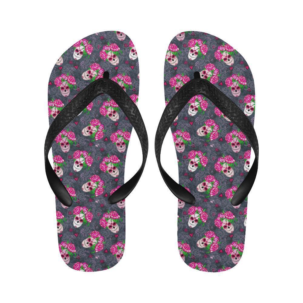 Sugar Skull Pink Rose Themed Print Flip Flops-JTAMIGO.COM