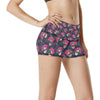 Sugar Skull Pink Rose Themed Print High Waisted Spandex Shorts-JTAMIGO.COM