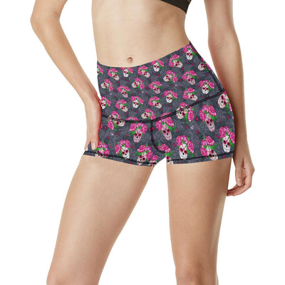 Sugar Skull Pink Rose Themed Print High Waisted Spandex Shorts-JTAMIGO.COM