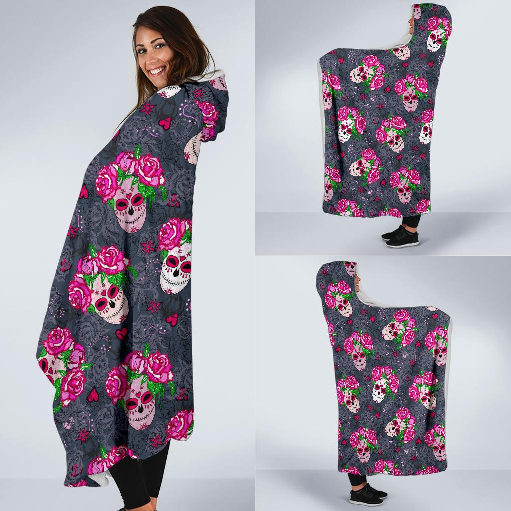 Sugar Skull Pink Rose Themed Print Hooded Blanket-JTAMIGO.COM
