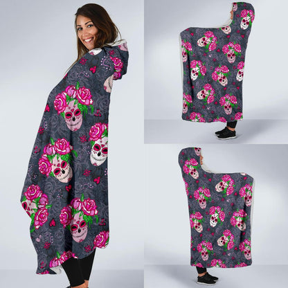 Sugar Skull Pink Rose Themed Print Hooded Blanket-JTAMIGO.COM