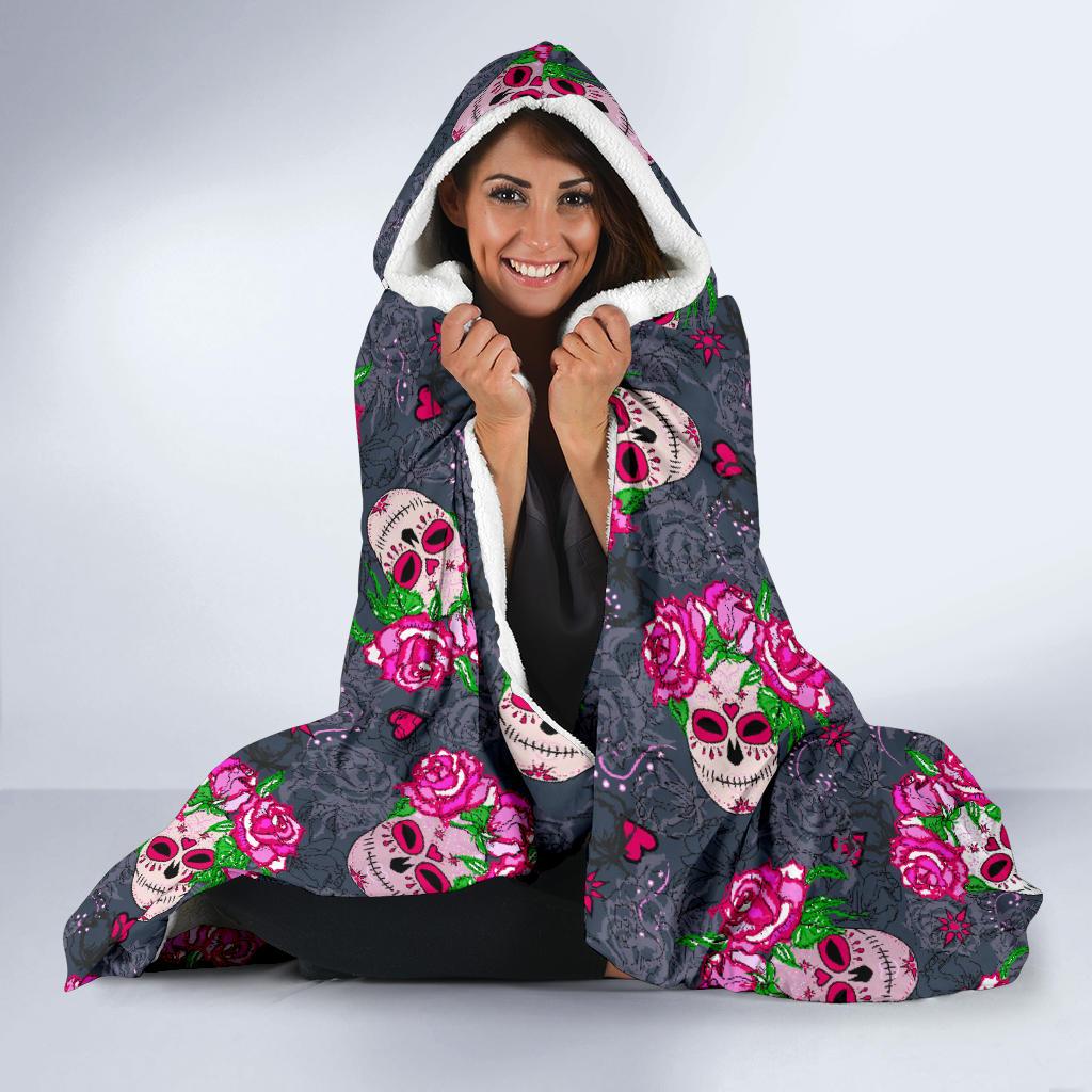 Sugar Skull Pink Rose Themed Print Hooded Blanket-JTAMIGO.COM