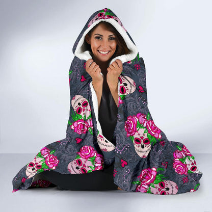 Sugar Skull Pink Rose Themed Print Hooded Blanket-JTAMIGO.COM