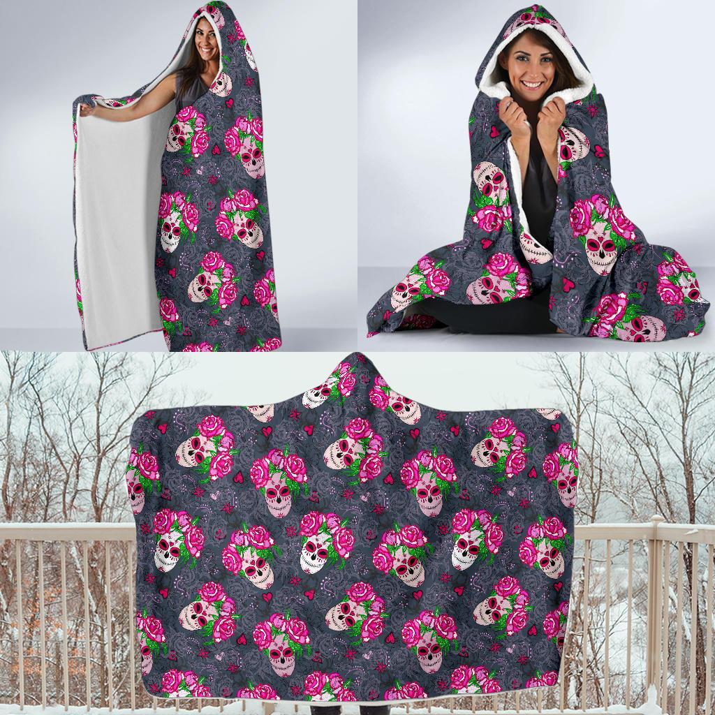 Sugar Skull Pink Rose Themed Print Hooded Blanket-JTAMIGO.COM