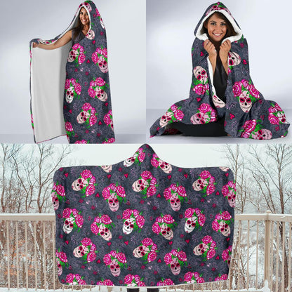 Sugar Skull Pink Rose Themed Print Hooded Blanket-JTAMIGO.COM