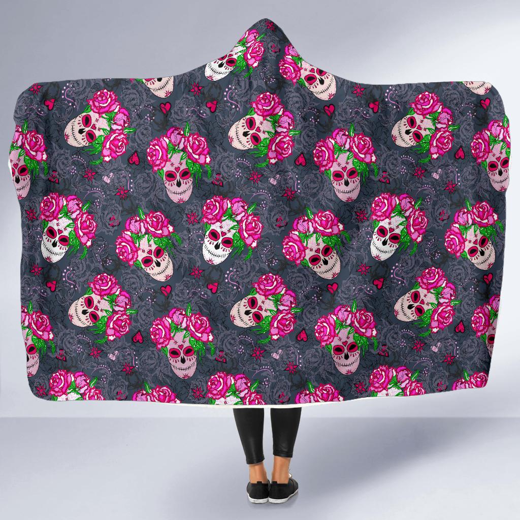 Sugar Skull Pink Rose Themed Print Hooded Blanket-JTAMIGO.COM