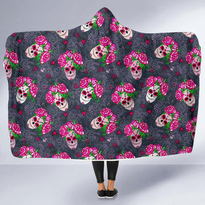 Sugar Skull Pink Rose Themed Print Hooded Blanket-JTAMIGO.COM