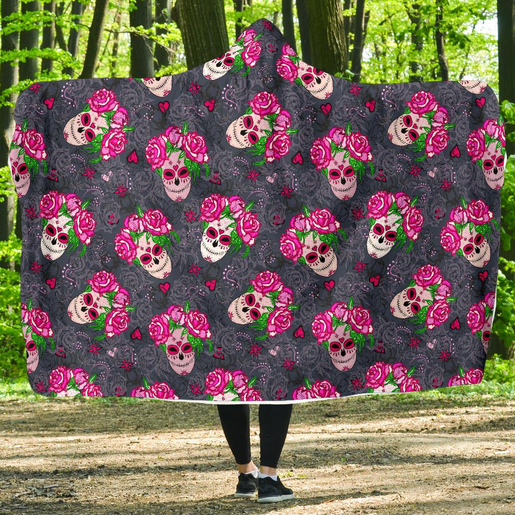 Sugar Skull Pink Rose Themed Print Hooded Blanket-JTAMIGO.COM