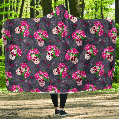 Sugar Skull Pink Rose Themed Print Hooded Blanket-JTAMIGO.COM