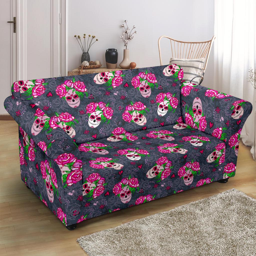 Sugar Skull Pink Rose Themed Print Loveseat Slipcover-JTAMIGO.COM