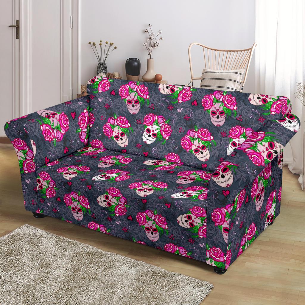 Sugar Skull Pink Rose Themed Print Loveseat Slipcover-JTAMIGO.COM
