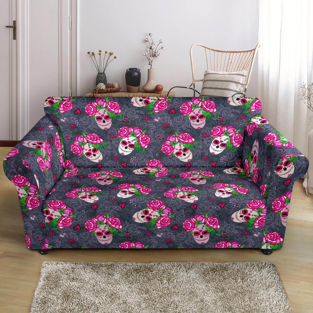 Sugar Skull Pink Rose Themed Print Loveseat Slipcover-JTAMIGO.COM