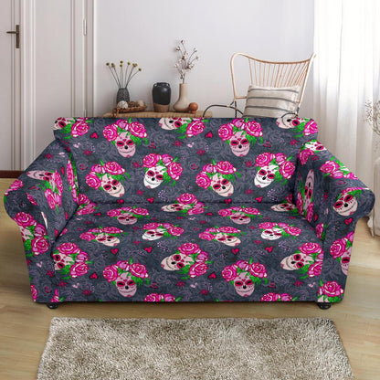 Sugar Skull Pink Rose Themed Print Loveseat Slipcover-JTAMIGO.COM