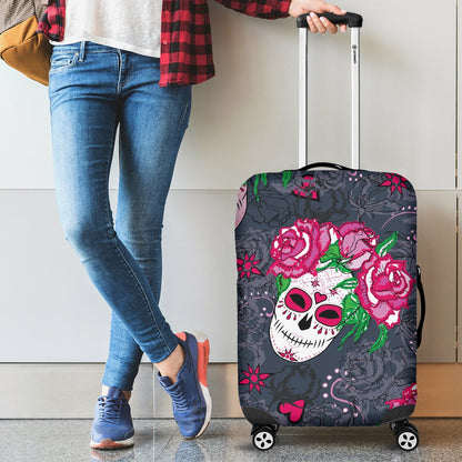 Sugar Skull Pink Rose Themed Print Luggage Cover Protector