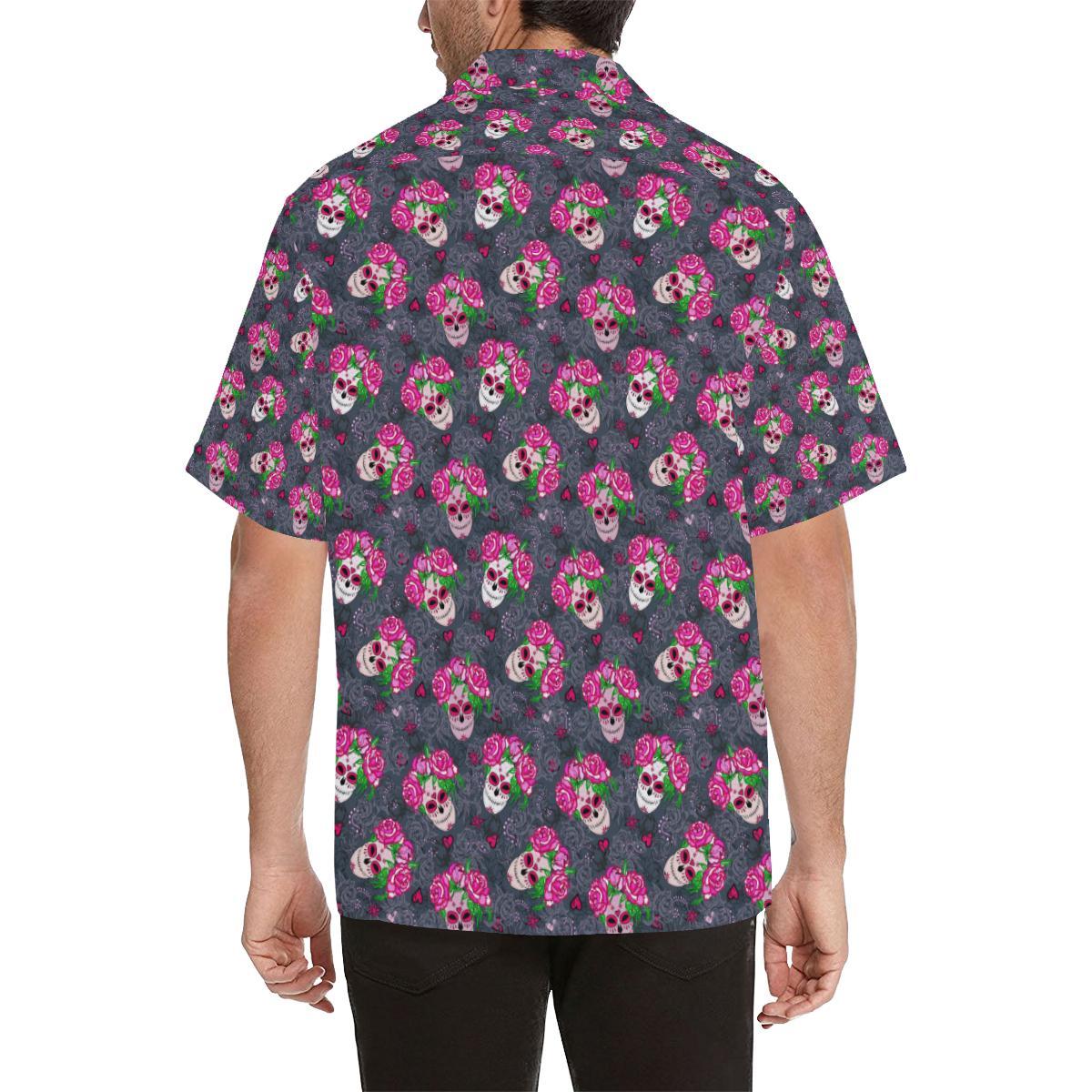 Sugar Skull Pink Rose Themed Print Men Aloha Hawaiian Shirt
