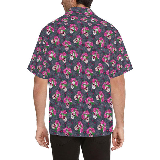 Sugar Skull Pink Rose Themed Print Men Aloha Hawaiian Shirt