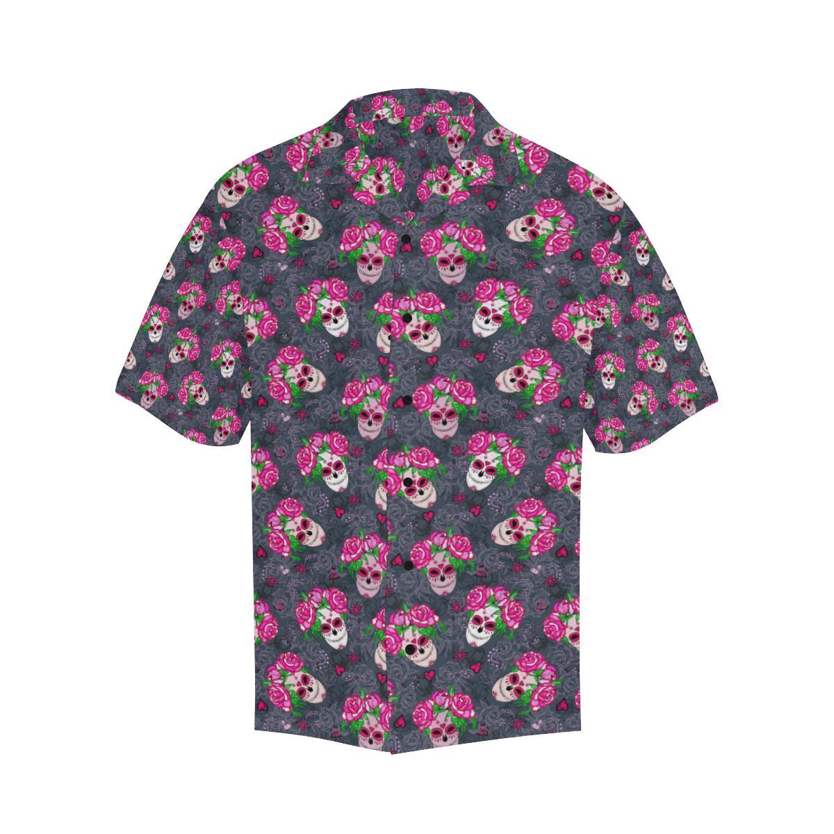Sugar Skull Pink Rose Themed Print Men Aloha Hawaiian Shirt