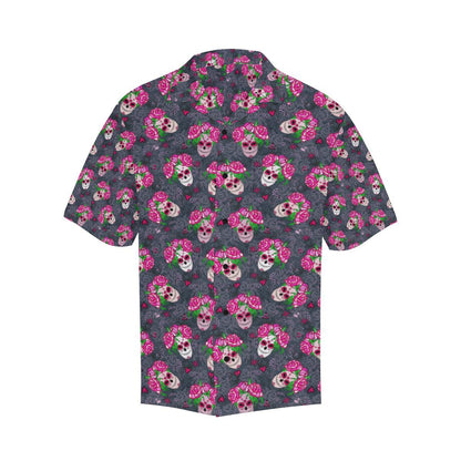 Sugar Skull Pink Rose Themed Print Men Aloha Hawaiian Shirt
