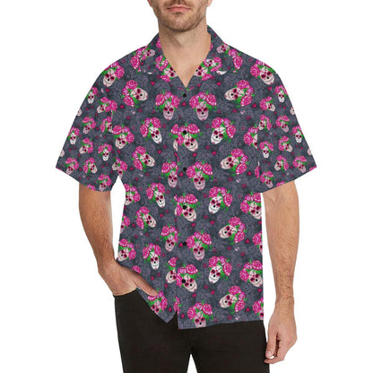 Sugar Skull Pink Rose Themed Print Men Aloha Hawaiian Shirt