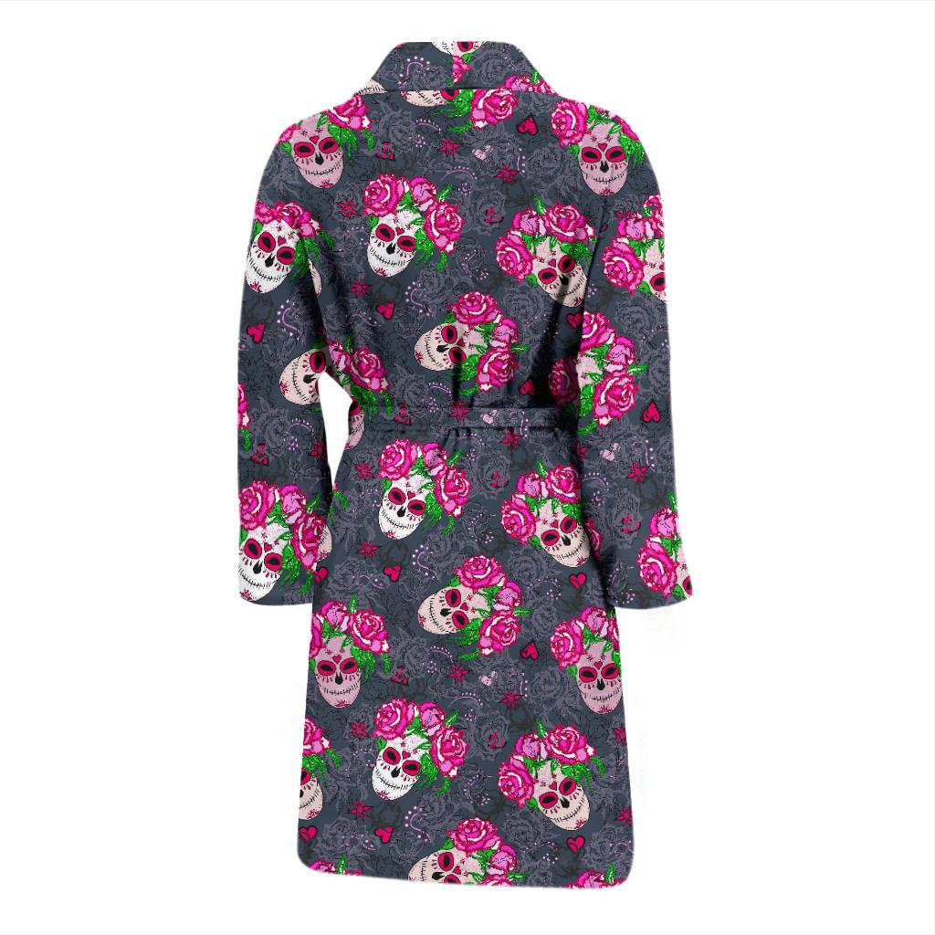 Sugar Skull Pink Rose Themed Print Men Bath Robe-JTAMIGO.COM