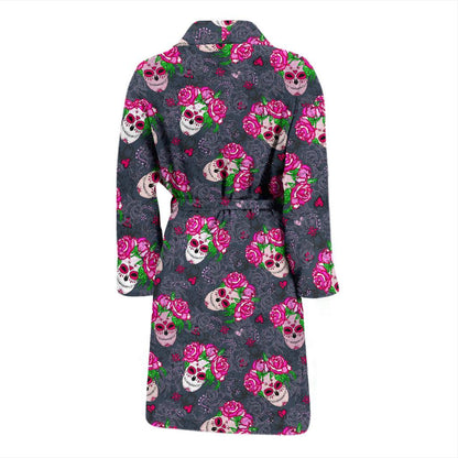Sugar Skull Pink Rose Themed Print Men Bath Robe-JTAMIGO.COM