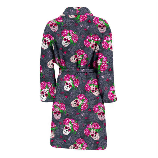 Sugar Skull Pink Rose Themed Print Men Bath Robe-JTAMIGO.COM