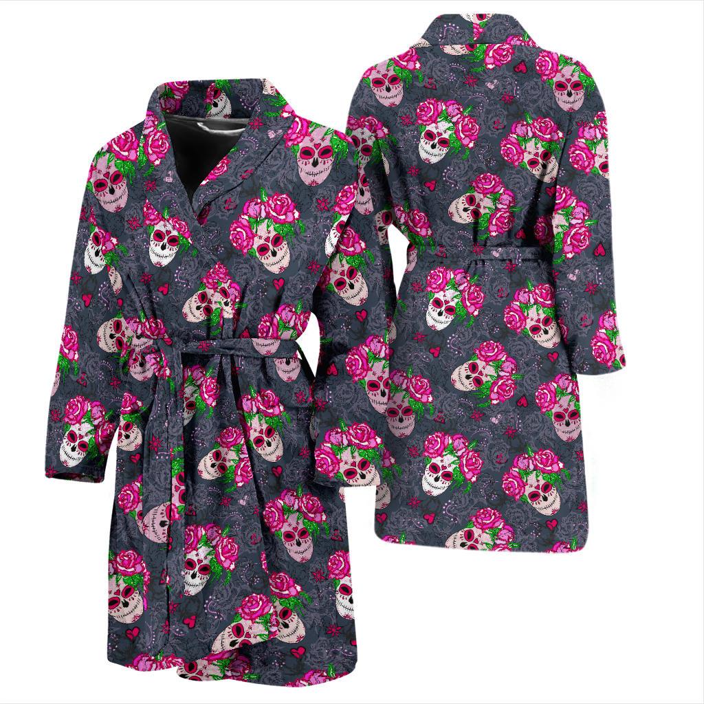 Sugar Skull Pink Rose Themed Print Men Bath Robe-JTAMIGO.COM
