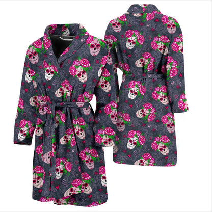 Sugar Skull Pink Rose Themed Print Men Bath Robe-JTAMIGO.COM