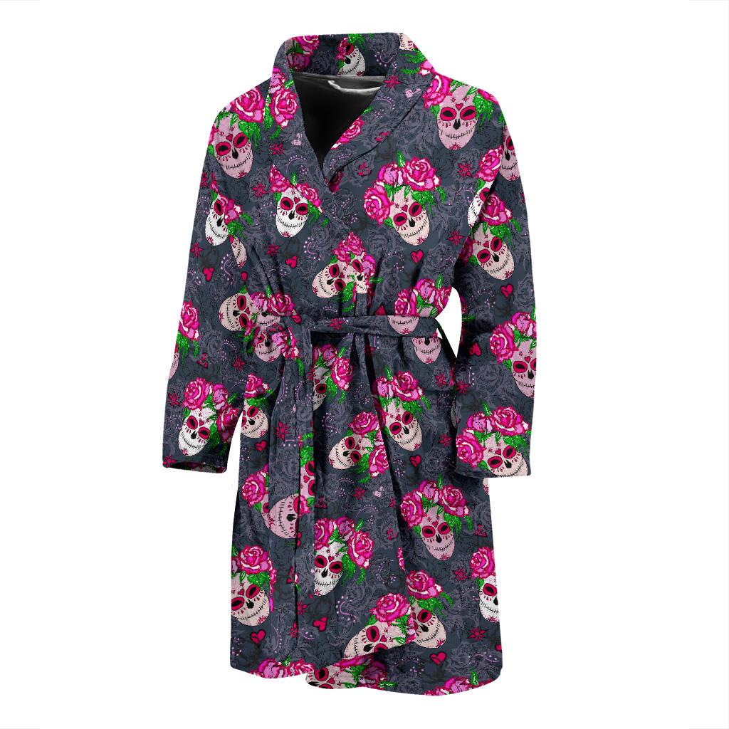 Sugar Skull Pink Rose Themed Print Men Bath Robe-JTAMIGO.COM