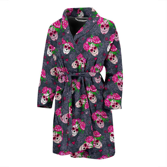 Sugar Skull Pink Rose Themed Print Men Bath Robe-JTAMIGO.COM